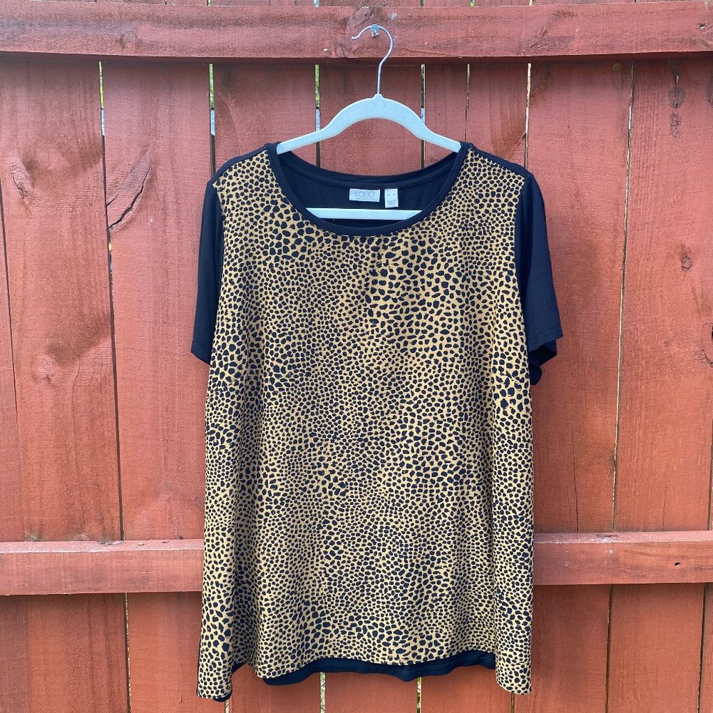 LOGO Lori Goldstein Tunic XL Animal Print Short Sleeve Cheetah Round Neck
